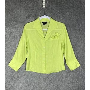 Tracy M Linen Button Up Top Blouse Womens Large Lime Green 3D Flower Long Sleeve